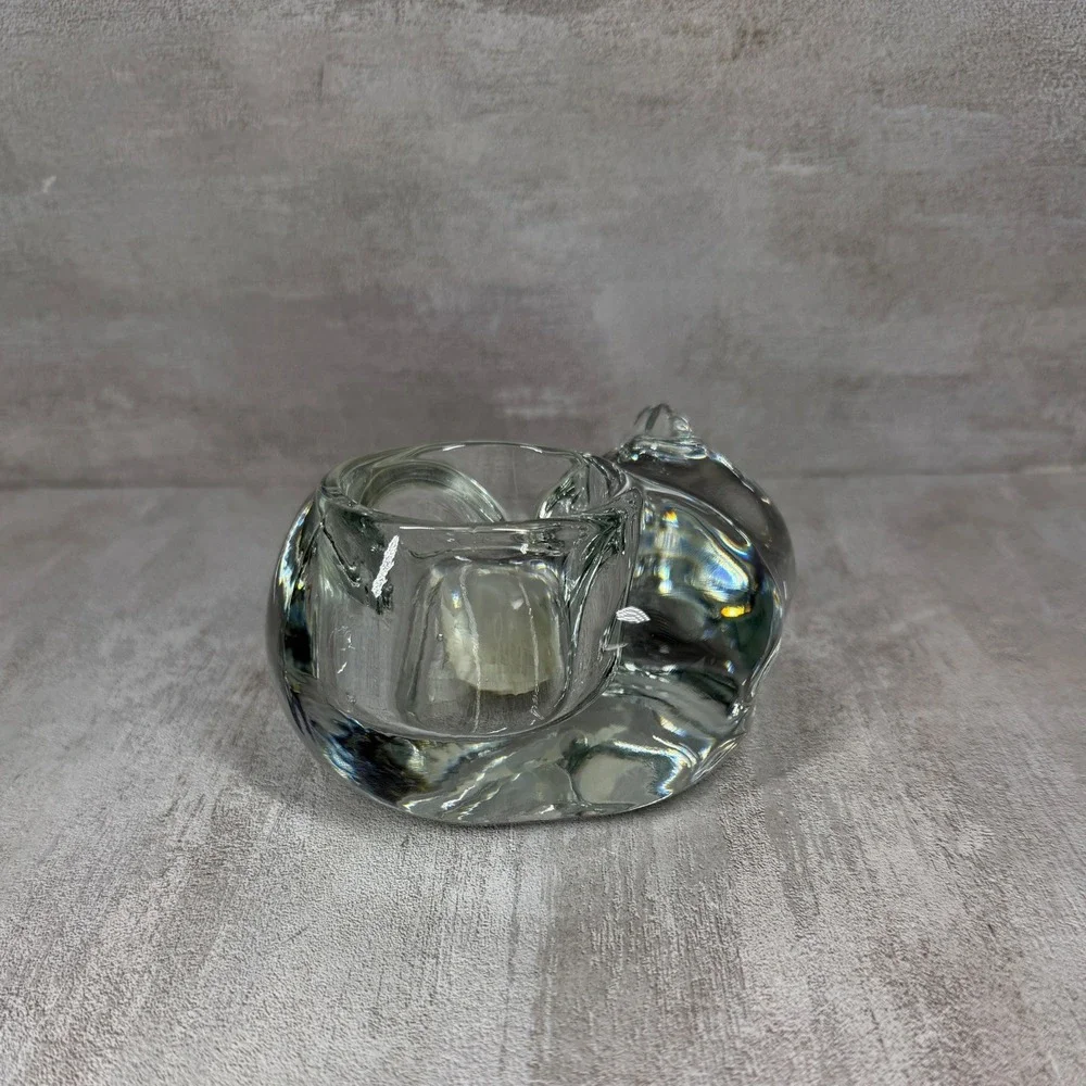 Vintage Cat Votive Holder Crystal Glass Sleeping Feline Tea Light Made USA 90s